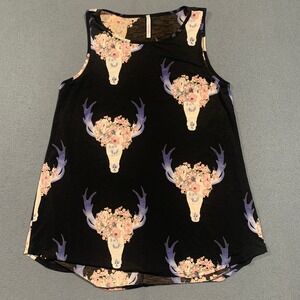 My Story Womens Tank Top Black Floral Bull Skull Graphic Sleeveless Western Boho